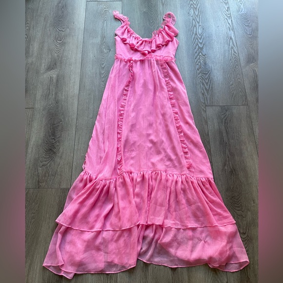 elliatt heritage pink ruffle deep v neck strappy maxi gown dress size small NEW - Picture 5 of 8